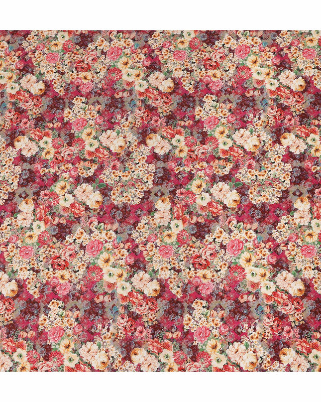 Crimson Red Multicolor Floral Bouquet Printed Cotton Satin Fabric 110 Cms Width Smooth Lustrous Dress Material India-D28062