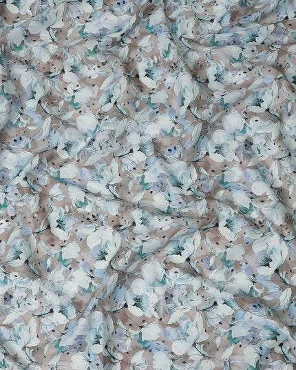 Taupe Blue Watercolor Floral Print Cotton Satin Fabric, Elegant Soft Botanical Blossom Pattern Smooth Cotton Satin Material for Apparel Sewing Dressmaking, 110 Cms Width, Made In India-D28452 - Regal Fabrics