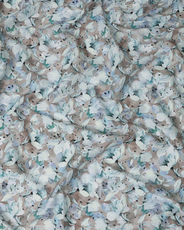 Taupe Blue Watercolor Floral Print Cotton Satin Fabric, Elegant Soft Botanical Blossom Pattern Smooth Cotton Satin Material for Apparel Sewing Dressmaking, 110 Cms Width, Made In India-D28452 - Regal Fabrics