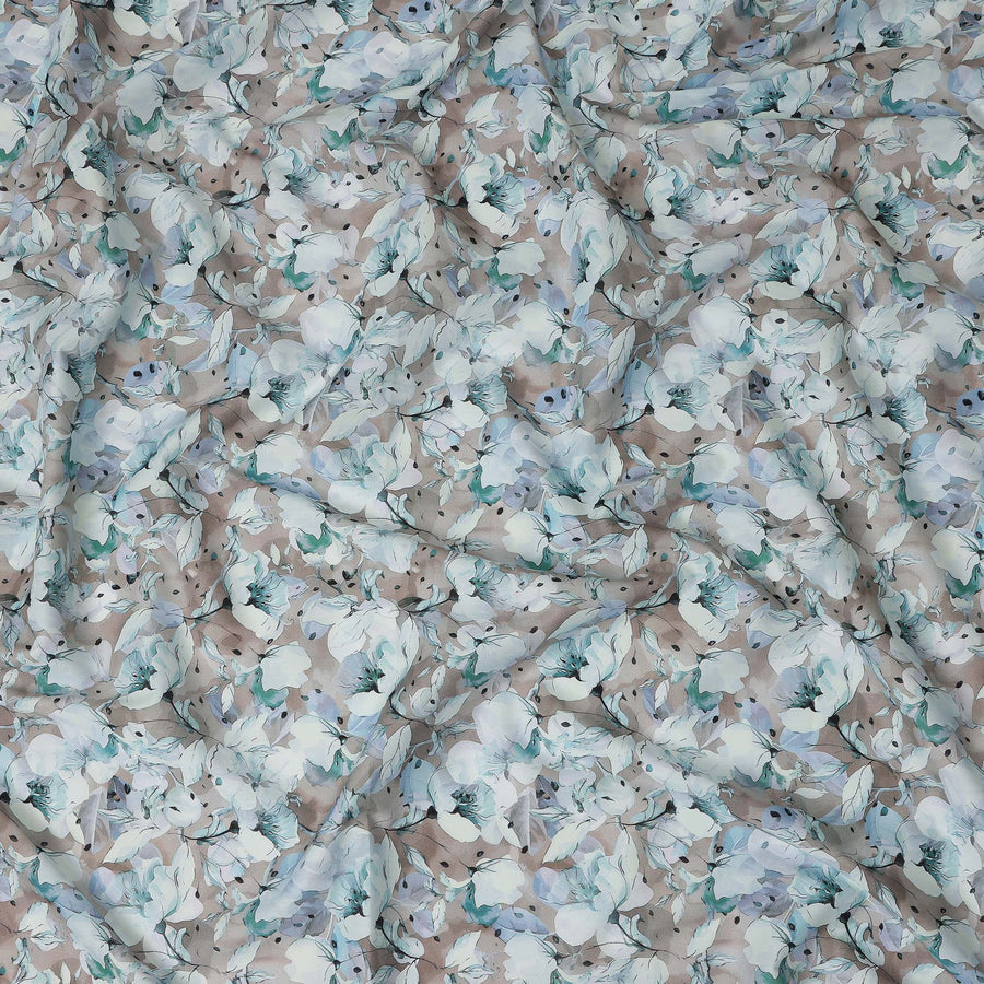 Taupe Blue Watercolor Floral Print Cotton Satin Fabric, Elegant Soft Botanical Blossom Pattern Smooth Cotton Satin Material for Apparel Sewing Dressmaking, 110 Cms Width, Made In India-D28452 - Regal Fabrics