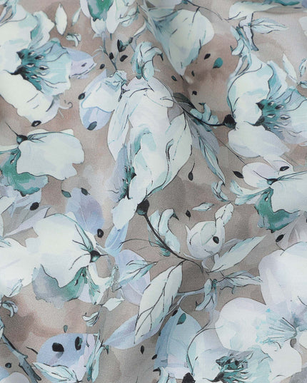 Taupe Blue Watercolor Floral Print Cotton Satin Fabric, Elegant Soft Botanical Blossom Pattern Smooth Cotton Satin Material for Apparel Sewing Dressmaking, 110 Cms Width, Made In India-D28452 - Regal Fabrics
