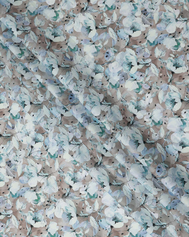 Taupe Blue Watercolor Floral Print Cotton Satin Fabric, Elegant Soft Botanical Blossom Pattern Smooth Cotton Satin Material for Apparel Sewing Dressmaking, 110 Cms Width, Made In India-D28452 - Regal Fabrics