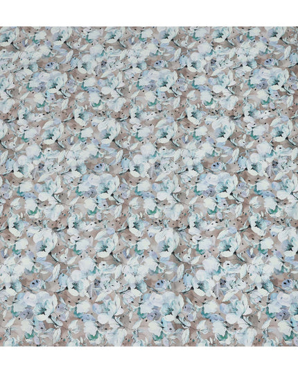 Taupe Blue Watercolor Floral Print Cotton Satin Fabric, Elegant Soft Botanical Blossom Pattern Smooth Cotton Satin Material for Apparel Sewing Dressmaking, 110 Cms Width, Made In India-D28452 - Regal Fabrics