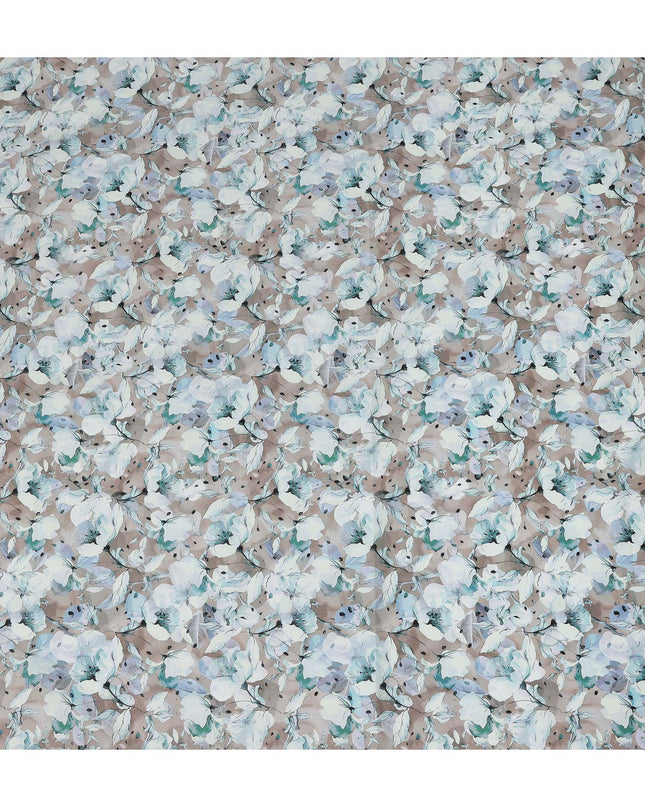 Taupe Blue Watercolor Floral Print Cotton Satin Fabric, Elegant Soft Botanical Blossom Pattern Smooth Cotton Satin Material for Apparel Sewing Dressmaking, 110 Cms Width, Made In India-D28452 - Regal Fabrics