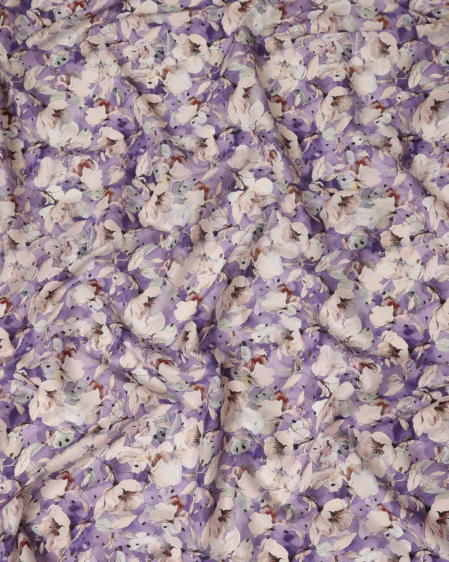 Purple Watercolor Floral Print Cotton Satin Fabric, Elegant Artistic Blossom Botanical Pattern Soft Smooth Cotton Satin Material for Apparel Sewing Dressmaking, 110 Cms Width, Made In India-D28453 - Regal Fabrics