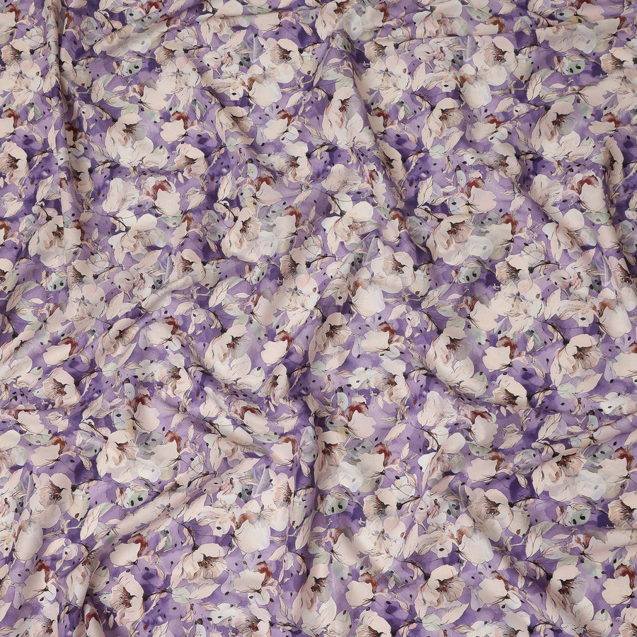 Purple Watercolor Floral Print Cotton Satin Fabric, Elegant Artistic Blossom Botanical Pattern Soft Smooth Cotton Satin Material for Apparel Sewing Dressmaking, 110 Cms Width, Made In India-D28453 - Regal Fabrics