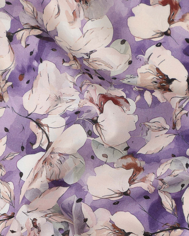 Purple Watercolor Floral Print Cotton Satin Fabric, Elegant Artistic Blossom Botanical Pattern Soft Smooth Cotton Satin Material for Apparel Sewing Dressmaking, 110 Cms Width, Made In India-D28453 - Regal Fabrics