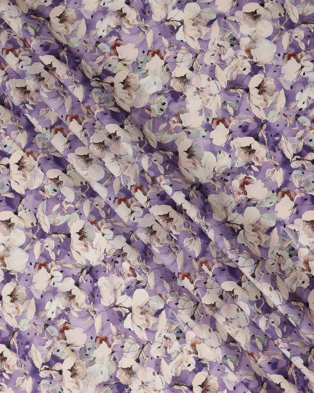 Purple Watercolor Floral Print Cotton Satin Fabric, Elegant Artistic Blossom Botanical Pattern Soft Smooth Cotton Satin Material for Apparel Sewing Dressmaking, 110 Cms Width, Made In India-D28453 - Regal Fabrics