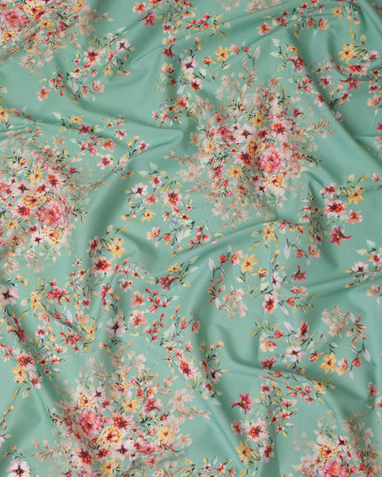 Mint Green Floral Printed Cotton Satin Fabric 110 Cms Width Soft Smooth Lustrous Dress Material India-D27952 Regal Fabrics