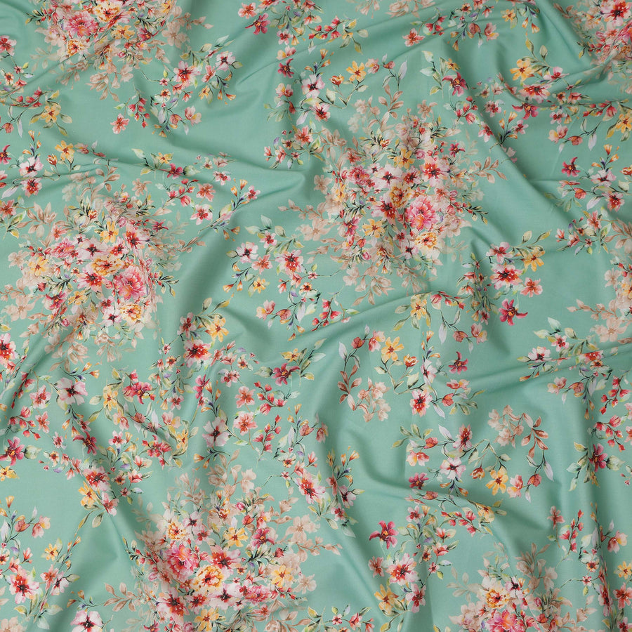 Mint Green Floral Printed Cotton Satin Fabric 110 Cms Width Soft Smooth Lustrous Dress Material India-D27952 Regal Fabrics