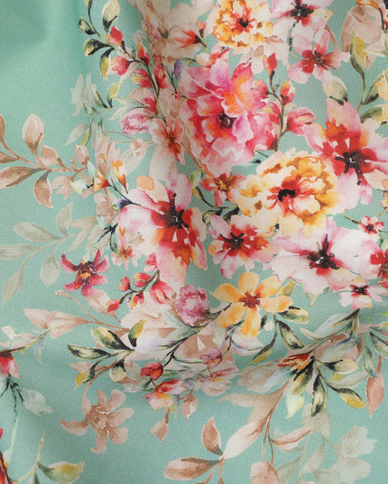 Mint Green Floral Printed Cotton Satin Fabric 110 Cms Width Soft Smooth Lustrous Dress Material India-D27952 Regal Fabrics