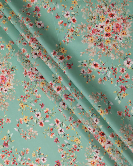Mint Green Floral Printed Cotton Satin Fabric 110 Cms Width Soft Smooth Lustrous Dress Material India-D27952 Regal Fabrics