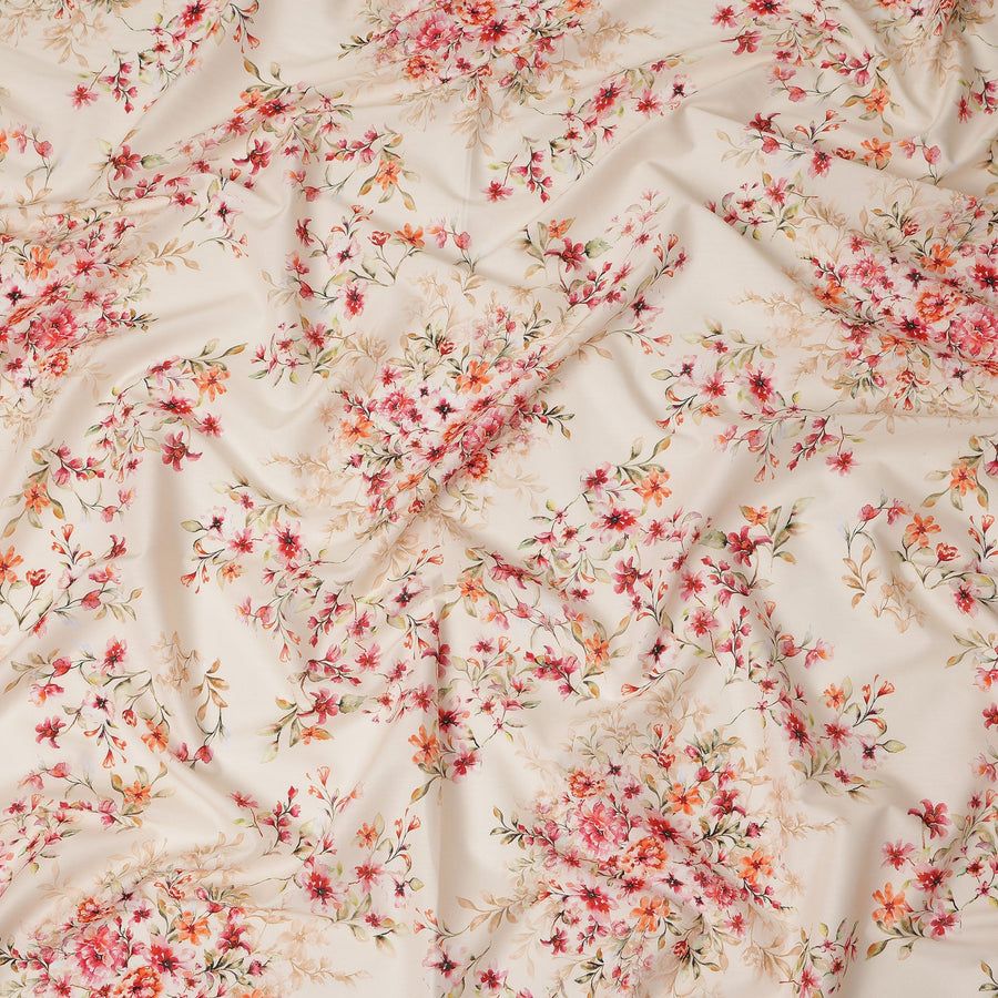 Cream Floral Printed Cotton Lawn Fabric 110 Cms Width Soft Lightweight Breathable Dress Material India-D27946 Regal Fabrics
