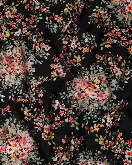 Black Floral Printed Cotton Satin Fabric 110 Cms Width Soft Smooth Lustrous Dress Material India-D27963 Regal Fabrics