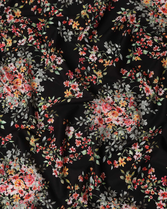 Black Floral Printed Cotton Satin Fabric 110 Cms Width Soft Smooth Lustrous Dress Material India-D27963 Regal Fabrics