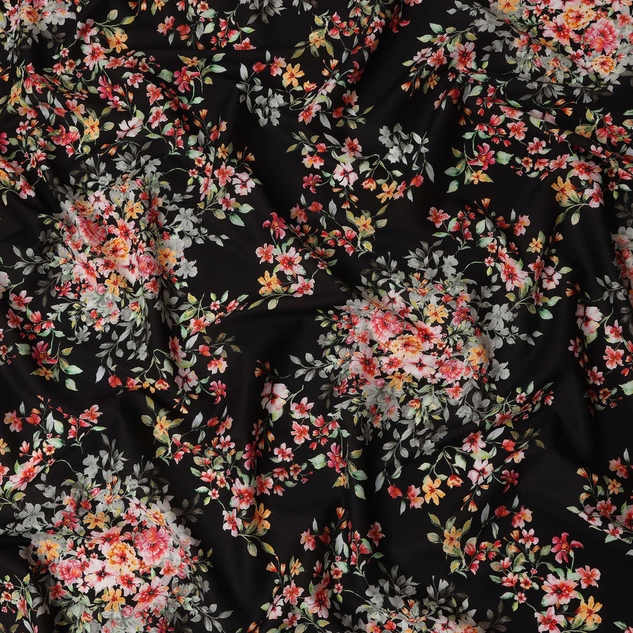 Black Floral Printed Cotton Satin Fabric 110 Cms Width Soft Smooth Lustrous Dress Material India-D27963 Regal Fabrics
