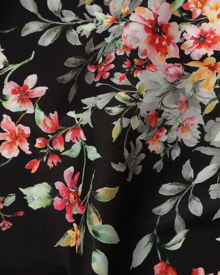 Black Floral Printed Cotton Satin Fabric 110 Cms Width Soft Smooth Lustrous Dress Material India-D27963 Regal Fabrics