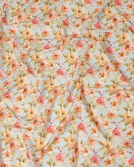 Sky Blue Peach Floral Printed Cotton Satin Fabric 110 Cms Width Smooth Lustrous Dress Material India-D28063