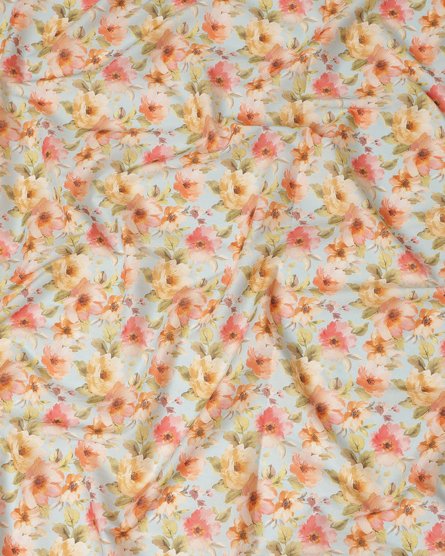 Sky Blue Peach Floral Printed Cotton Satin Fabric 110 Cms Width Smooth Lustrous Dress Material India-D28063