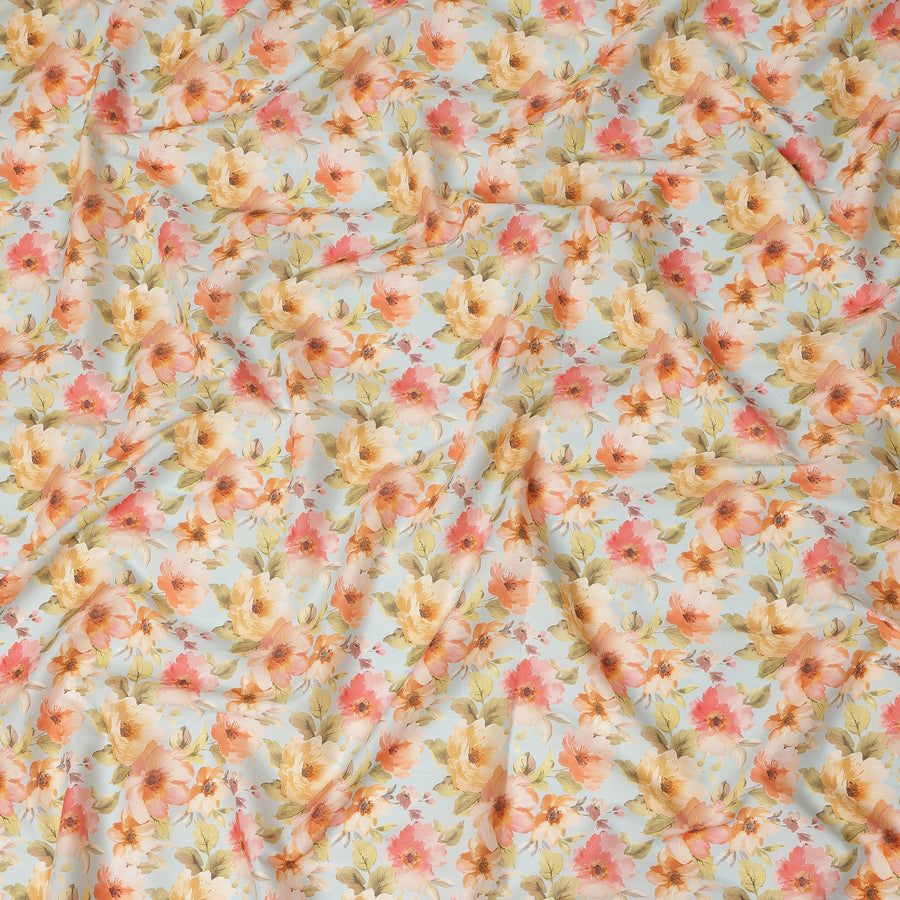 Sky Blue Peach Floral Printed Cotton Satin Fabric 110 Cms Width Smooth Lustrous Dress Material India-D28063