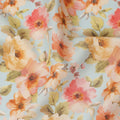 Sky Blue Peach Floral Printed Cotton Satin Fabric 110 Cms Width Smooth Lustrous Dress Material India-D28063