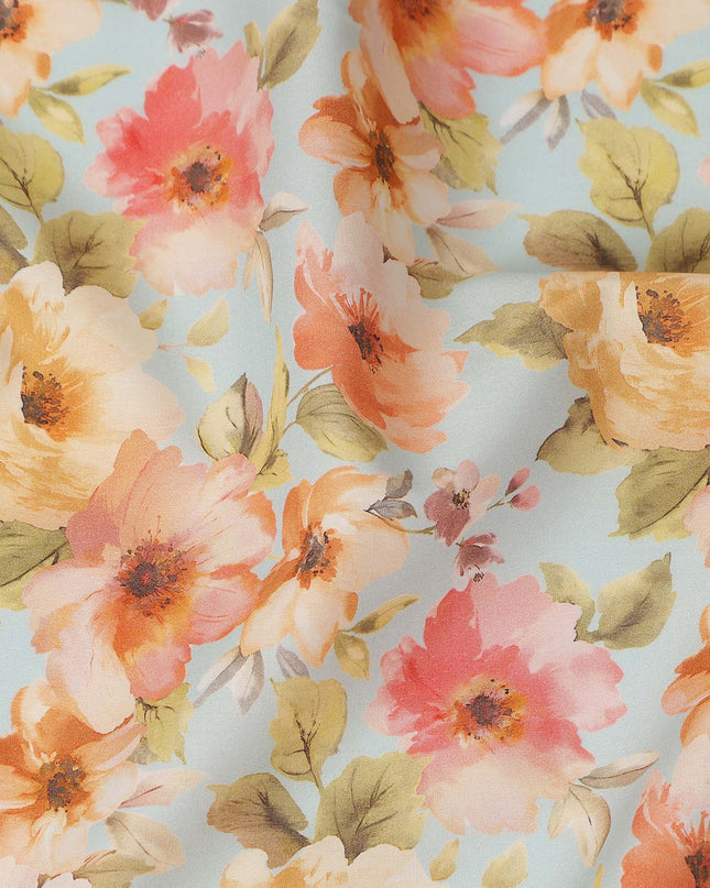 Sky Blue Peach Floral Printed Cotton Satin Fabric 110 Cms Width Smooth Lustrous Dress Material India-D28063