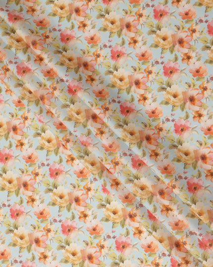 Sky Blue Peach Floral Printed Cotton Satin Fabric 110 Cms Width Smooth Lustrous Dress Material India-D28063