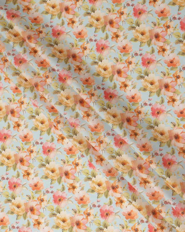 Sky Blue Peach Floral Printed Cotton Satin Fabric 110 Cms Width Smooth Lustrous Dress Material India-D28063