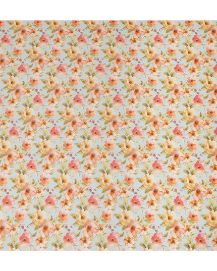Sky Blue Peach Floral Printed Cotton Satin Fabric 110 Cms Width Smooth Lustrous Dress Material India-D28063
