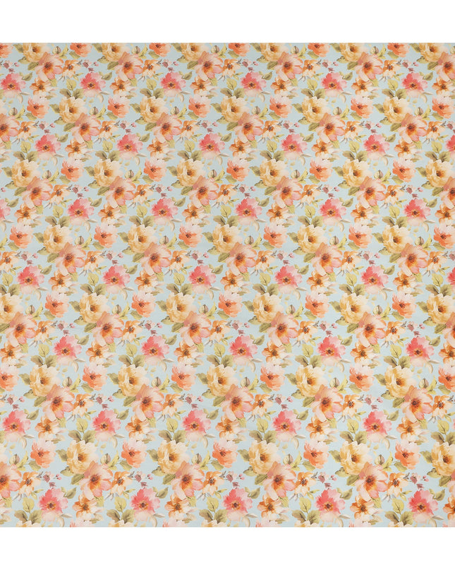 Sky Blue Peach Floral Printed Cotton Satin Fabric 110 Cms Width Smooth Lustrous Dress Material India-D28063