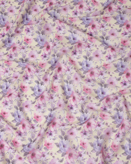Cream Pink Lavender Floral Printed Cotton Satin Fabric 110 Cms Width Smooth Lustrous Dress Material India-D28058