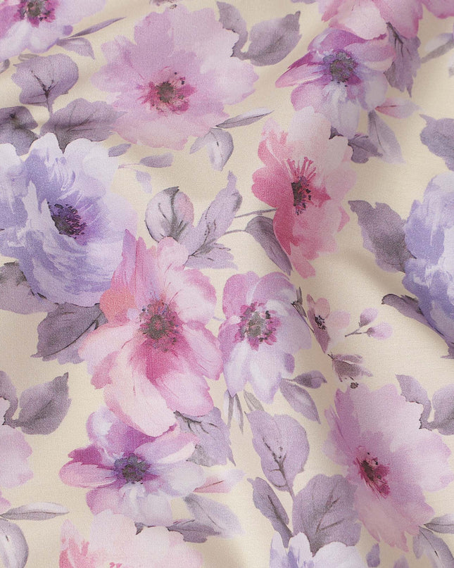 Cream Pink Lavender Floral Printed Cotton Satin Fabric 110 Cms Width Smooth Lustrous Dress Material India-D28058