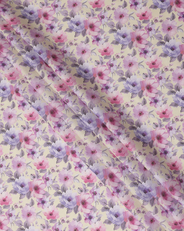 Cream Pink Lavender Floral Printed Cotton Satin Fabric 110 Cms Width Smooth Lustrous Dress Material India-D28058