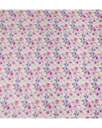 Cream Pink Lavender Floral Printed Cotton Satin Fabric 110 Cms Width Smooth Lustrous Dress Material India-D28058