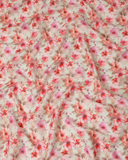 Cream Pink Floral Printed Cotton Satin Fabric 110 Cms Width Smooth Soft Dress Material India-D28064