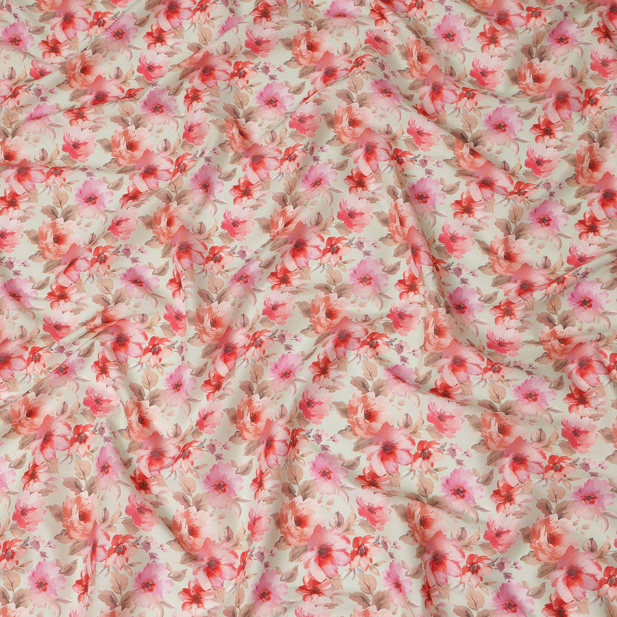Cream Pink Floral Printed Cotton Satin Fabric 110 Cms Width Smooth Soft Dress Material India-D28064
