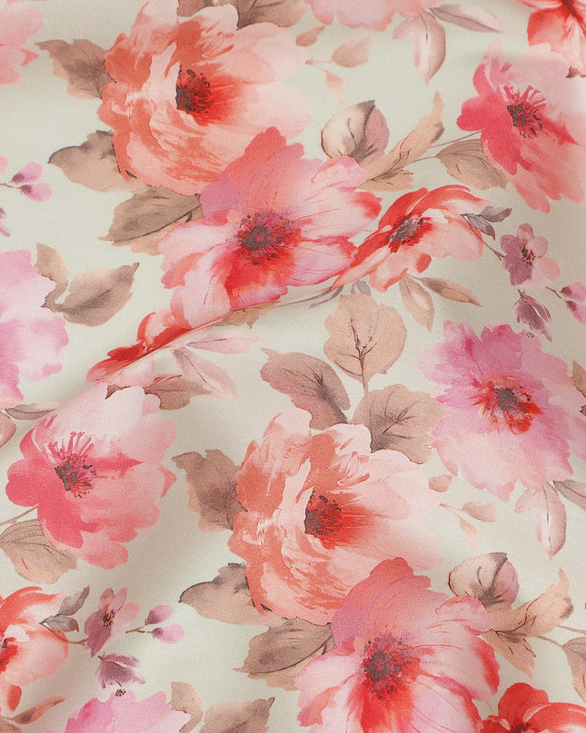 Cream Pink Floral Printed Cotton Satin Fabric 110 Cms Width Smooth Soft Dress Material India-D28064