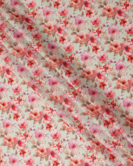 Cream Pink Floral Printed Cotton Satin Fabric 110 Cms Width Smooth Soft Dress Material India-D28064