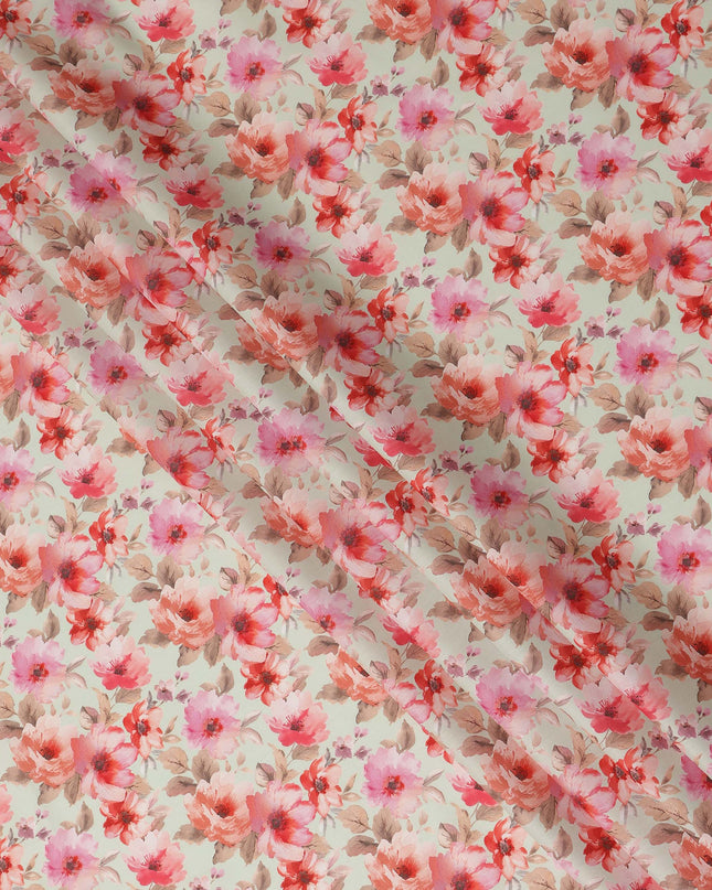 Cream Pink Floral Printed Cotton Satin Fabric 110 Cms Width Smooth Soft Dress Material India-D28064