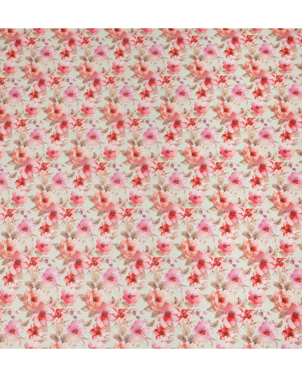Cream Pink Floral Printed Cotton Satin Fabric 110 Cms Width Smooth Soft Dress Material India-D28064