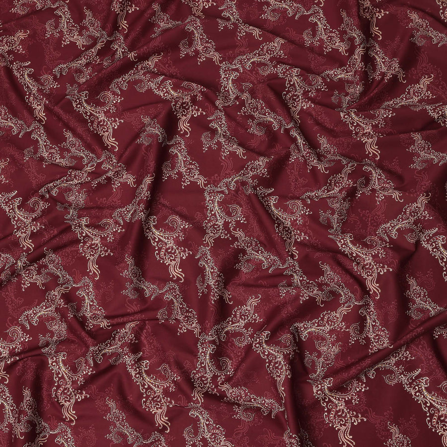 Maroon Paisley Floral Printed Cotton Satin Fabric 110 Cms Width Smooth Lustrous Dressmaking Craft Material India-D28053