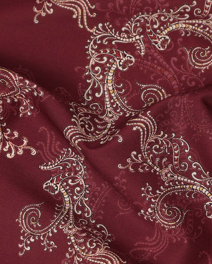 Maroon Paisley Floral Printed Cotton Satin Fabric 110 Cms Width Smooth Lustrous Dressmaking Craft Material India-D28053