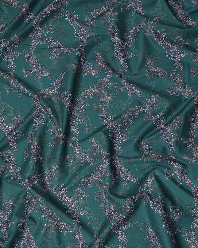 Teal Green Paisley Ornamental Printed Cotton Satin Fabric 110 Cms Width Smooth Lustrous Dressmaking Craft Material India-D28055