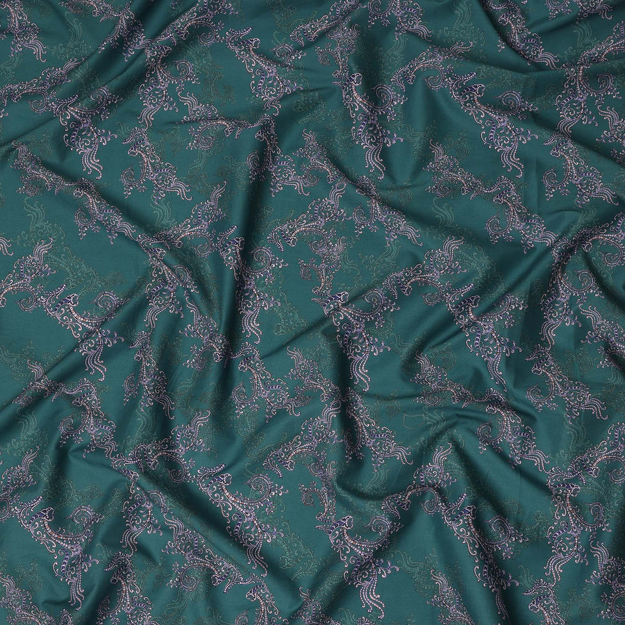 Teal Green Paisley Ornamental Printed Cotton Satin Fabric 110 Cms Width Smooth Lustrous Dressmaking Craft Material India-D28055