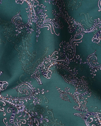 Teal Green Paisley Ornamental Printed Cotton Satin Fabric 110 Cms Width Smooth Lustrous Dressmaking Craft Material India-D28055