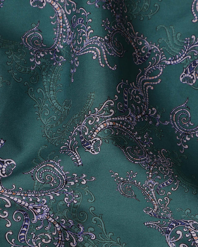 Teal Green Paisley Ornamental Printed Cotton Satin Fabric 110 Cms Width Smooth Lustrous Dressmaking Craft Material India-D28055