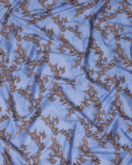Sky Blue Paisley Ornamental Printed Cotton Satin Fabric 110 Cms Width Smooth Lustrous Dressmaking Craft Material India-D28054