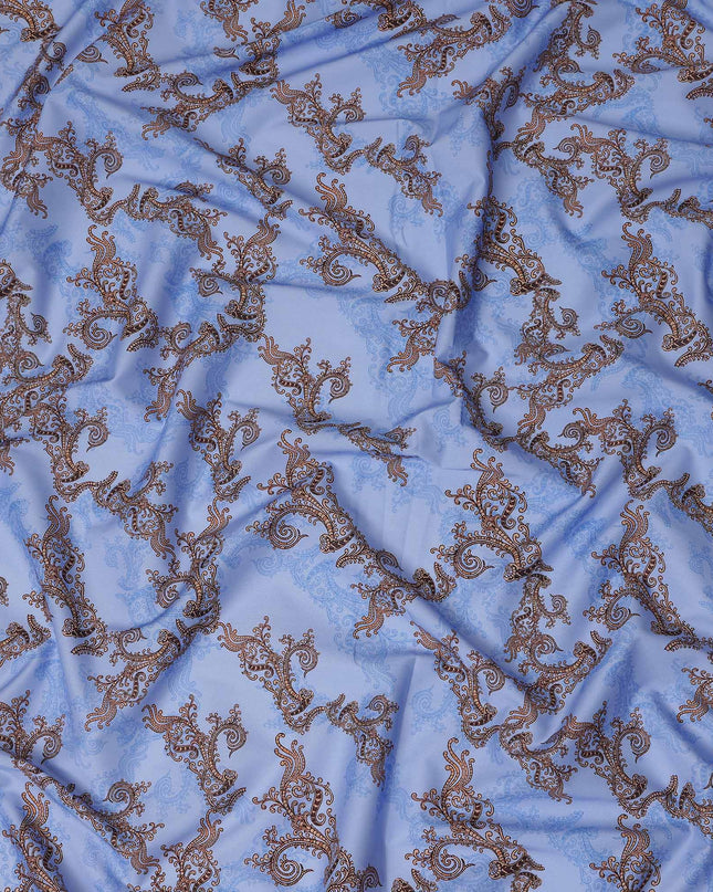 Sky Blue Paisley Ornamental Printed Cotton Satin Fabric 110 Cms Width Smooth Lustrous Dressmaking Craft Material India-D28054