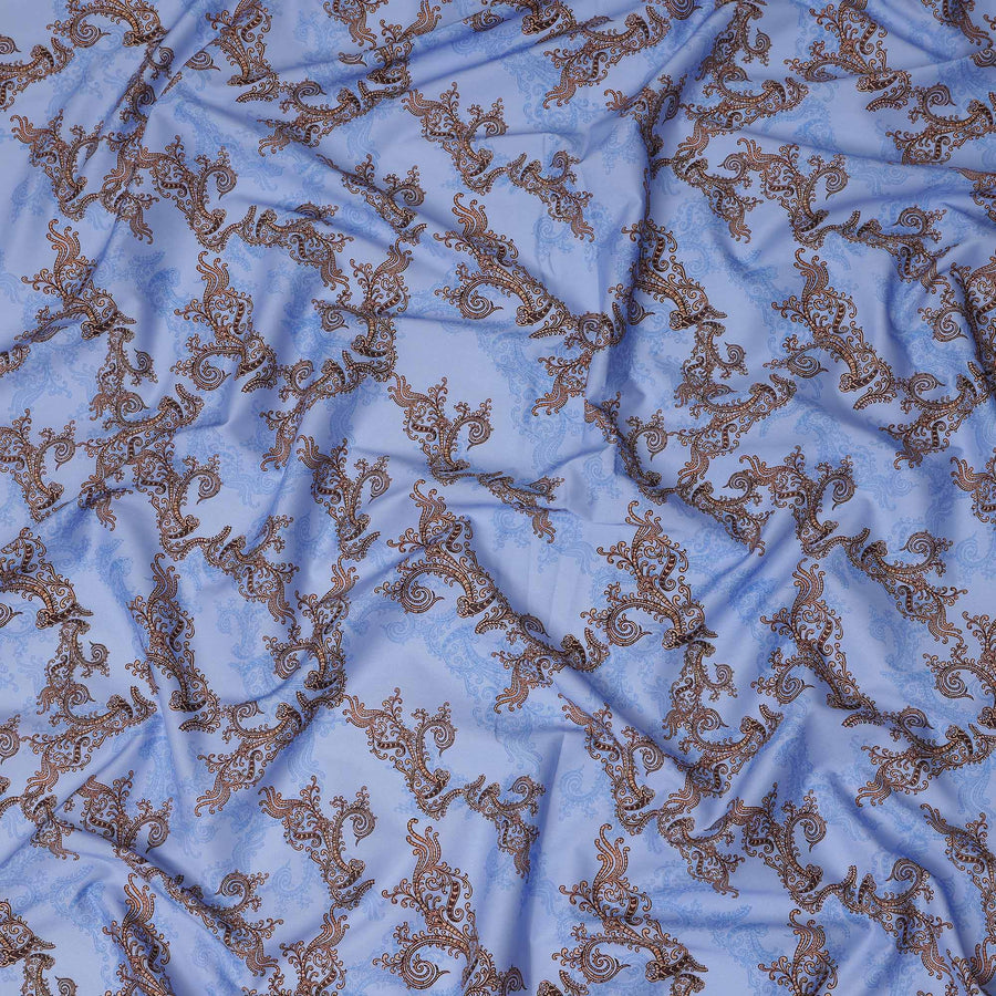 Sky Blue Paisley Ornamental Printed Cotton Satin Fabric 110 Cms Width Smooth Lustrous Dressmaking Craft Material India-D28054