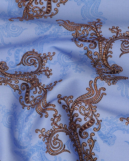 Sky Blue Paisley Ornamental Printed Cotton Satin Fabric 110 Cms Width Smooth Lustrous Dressmaking Craft Material India-D28054